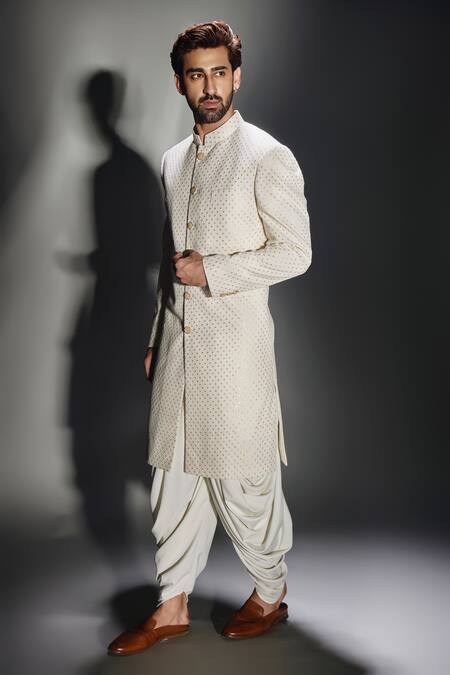 Shop_Chatenya Mittal_Cream Georgette, Crepe Sequins Barfi Pattern Embroidered Achkan Set _Online_at_Aza_Fashions