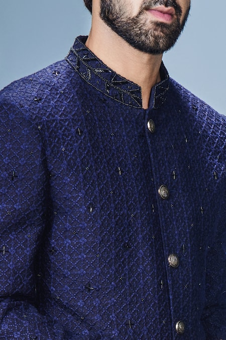 Chatenya Mittal Blue Georgette, , Satin Cutdana Embroidered Achkan Set Online at Aza Fashions Chatenya Mittal_Blue Georgette, , Satin Cutdana Embroidered Achkan Set _Online_at_Aza_Fashions