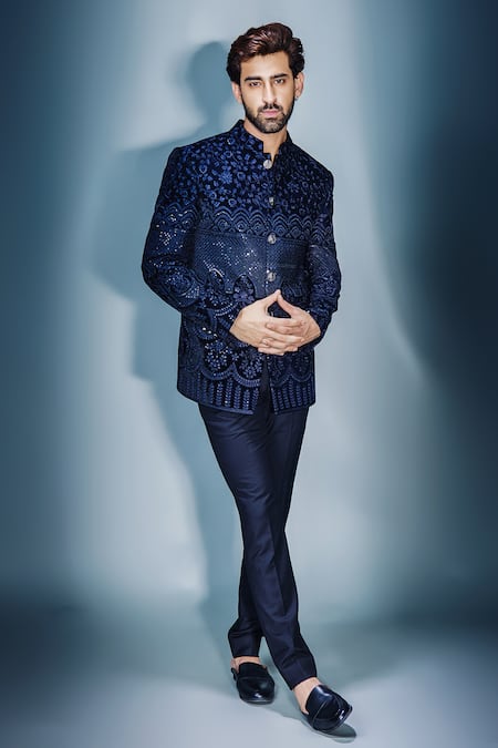 Shop Chatenya Mittal Blue Velvet, Wool Sequins, Embroidery Bandhagla And Pant Set at Aza Fashions Shop_Chatenya Mittal_Blue Velvet, Wool Sequins, Embroidery Bandhagla And Pant Set_at_Aza_Fashions