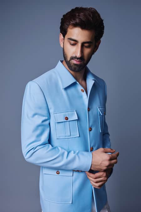 Chatenya Mittal_Blue Polyester Patch Pocket Bandhgala _Online_at_Aza_Fashions