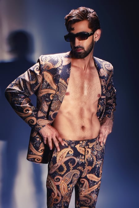 Chatenya Mittal_Multi Color Silk Paisley Pattern Tuxedo And Pant Set_Online_at_Aza_Fashions