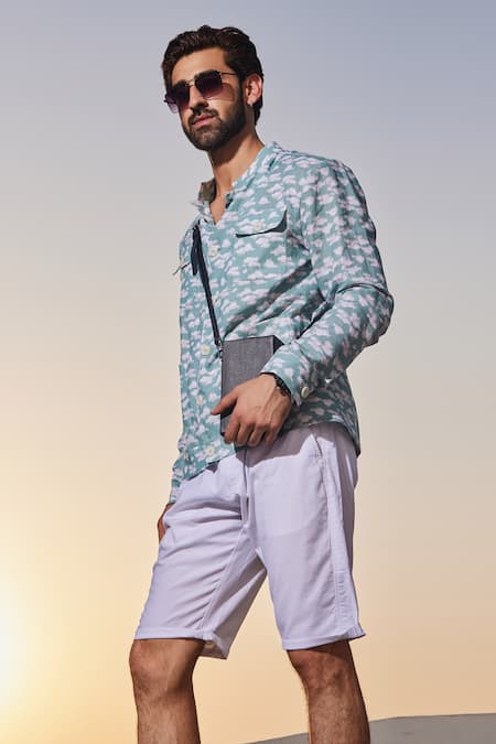 Chatenya Mittal Blue Linen Embroidery Cloud Print Shacket Online at Aza Fashions Chatenya Mittal_Blue Linen Embroidery Cloud Print Shacket _Online_at_Aza_Fashions