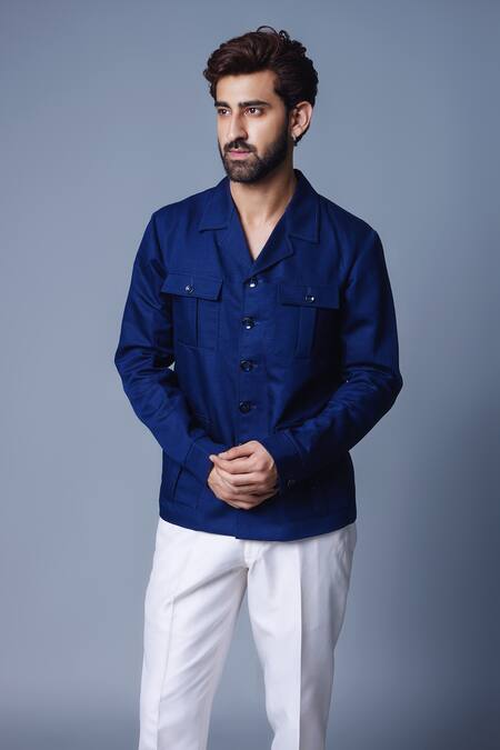 Shop_Chatenya Mittal_Blue Linen Patch Pocket Shacket _at_Aza_Fashions