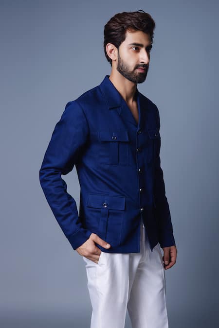 Chatenya Mittal_Blue Linen Patch Pocket Shacket _Online_at_Aza_Fashions
