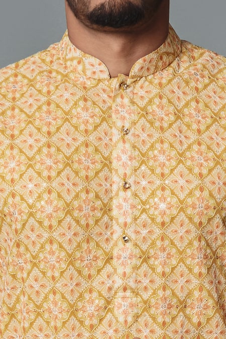 Chatenya Mittal_Yellow Georgette, Cotton Satin, Cotton, Floral Print Kurta And Pyjama Pant Set_Online_at_Aza_Fashions