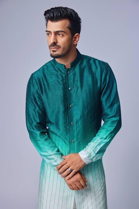 Chatenya Mittal_Green Silk, Cotton Ombre Kurta And Pyjama Pant Set _Online_at_Aza_Fashions