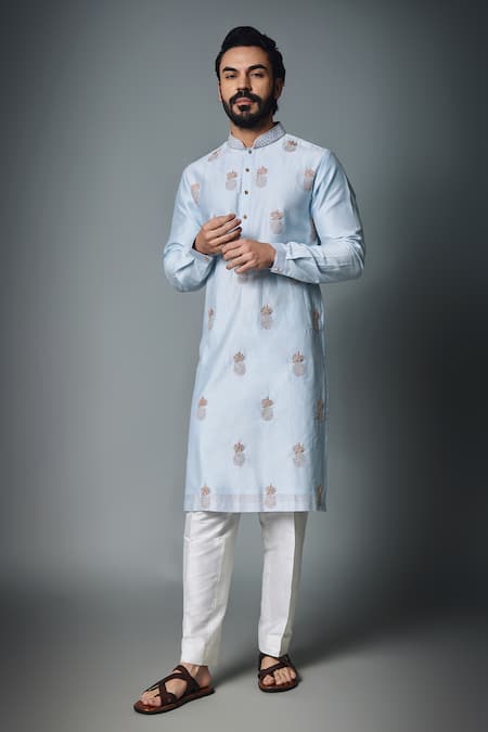Shop_Chatenya Mittal_Blue Cotton, Silk Embroidery Pineapple Kurta Set _at_Aza_Fashions