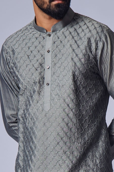 Chatenya Mittal Grey Cotton, Silk Piping Pintucked Kurta Set Online at Aza Fashions Chatenya Mittal_Grey Cotton, Silk Piping Pintucked Kurta Set _Online_at_Aza_Fashions