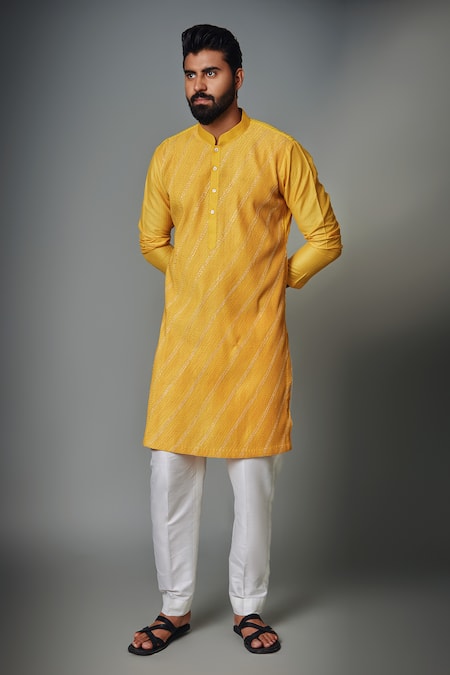 Shop_Chatenya Mittal_Yellow Cotton, Silk Embroidery Pintucked Kurta And Pyjama Pant Set _at_Aza_Fashions
