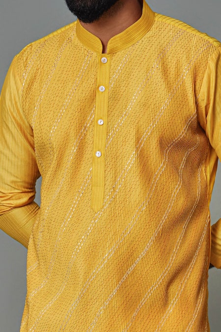 Chatenya Mittal_Yellow Cotton, Silk Embroidery Pintucked Kurta And Pyjama Pant Set _Online_at_Aza_Fashions