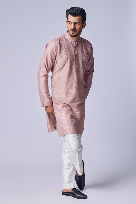 Shop Chatenya Mittal Peach Cotton, Silk Pearls Embroidered Kurta Set at Aza Fashions Shop_Chatenya Mittal_Peach Cotton, Silk Pearls Embroidered Kurta Set _at_Aza_Fashions