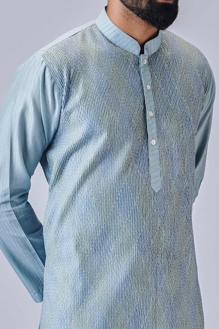 Chatenya Mittal_Blue Cotton, Silk Embroidery Thread Kurta Set _Online_at_Aza_Fashions