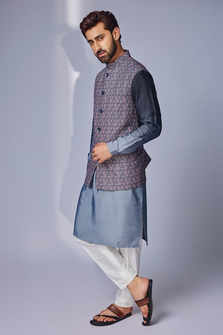 Chatenya Mittal Grey Bundi Irish Linen Printed Zhaki Floral And Kurta Set  3