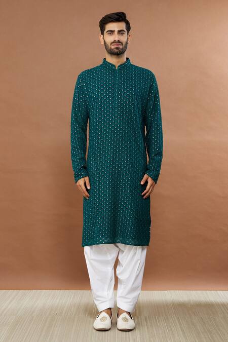 Aham-Vayam Blue Cotton Sequins, Embroidery Nawaab Kurta And Patiala Set Online at Aza Fashions Aham-Vayam_Blue Cotton Sequins, Embroidery Nawaab Kurta And Patiala Set_Online_at_Aza_Fashions