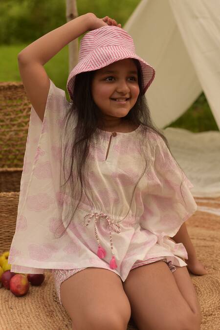 Plumcheeks_Pink 100% Hand Block Cotton Cloud Kaftan And Shorts Set _Online_at_Aza_Fashions