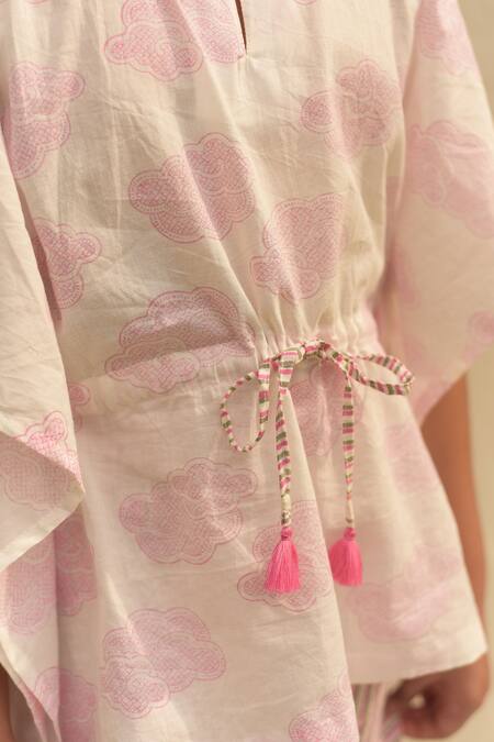 Buy_Plumcheeks_Pink 100% Hand Block Cotton Cloud Kaftan And Shorts Set _Online_at_Aza_Fashions