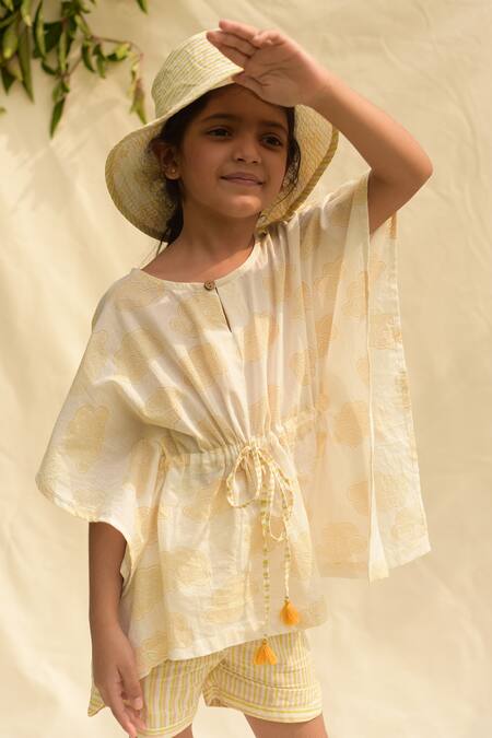 Plumcheeks_Yellow 100% Hand Block Cotton Kaftan And Shorts Set _Online_at_Aza_Fashions