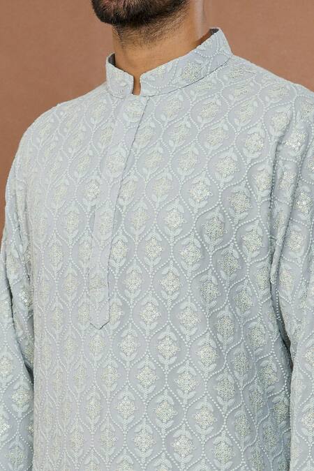 Shop Aham-Vayam Grey Cotton Sequins Bandhan Floral Embroidered Kurta And Patiala Set Online at Aza Fashions Shop_Aham-Vayam_Grey Cotton Sequins Bandhan Floral Embroidered Kurta And Patiala Set_Online_at_Aza_Fashions