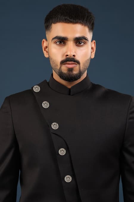 Shop Cosa Nostraa Grey Fiery Tiger Carved Buttons - Set Of 5 at Aza Fashions Shop_Cosa Nostraa_Grey Fiery Tiger Carved Buttons - Set Of 5 _at_Aza_Fashions