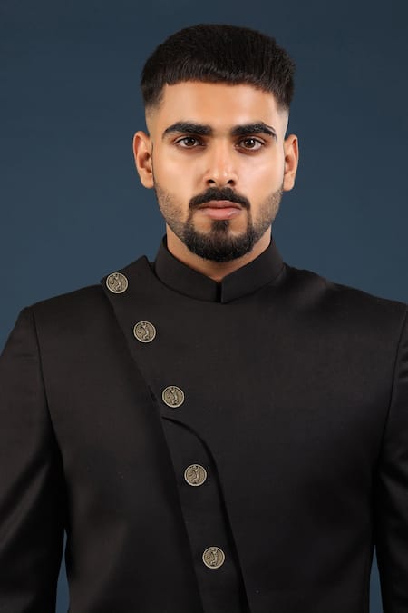 Shop Cosa Nostraa Gold Golfer Carved Buttons - Set Of 5 at Aza Fashions Shop_Cosa Nostraa_Gold Golfer Carved Buttons - Set Of 5 _at_Aza_Fashions