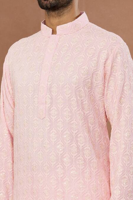 Shop Aham-Vayam Pink Cotton Sequins Floral Embroidered Kurta And Patiala Set Online at Aza Fashions Shop_Aham-Vayam_Pink Cotton Sequins Floral Embroidered Kurta And Patiala Set_Online_at_Aza_Fashions