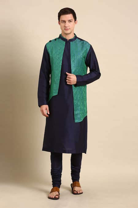 Mayank Modi - Men Green Silk Woven Floral Kurta Set
