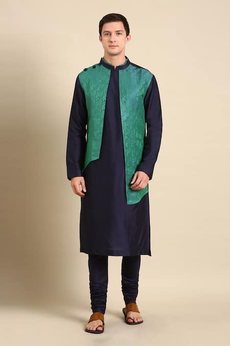 Mayank Modi - Men Green Silk, Jacquard Embroidery Floral Woven Kurta Set Online at Aza Fashions Mayank Modi - Men_Green Silk, Jacquard Embroidery Floral Woven Kurta Set _Online_at_Aza_Fashions