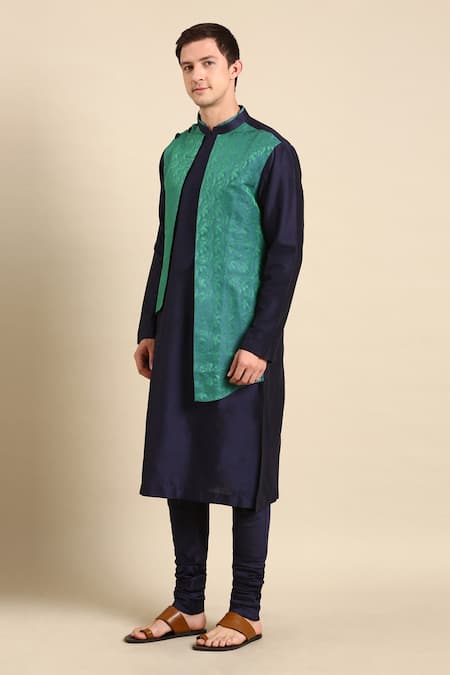 Shop Mayank Modi - Men Green Silk, Jacquard Embroidery Floral Woven Kurta Set Online at Aza Fashions Shop_Mayank Modi - Men_Green Silk, Jacquard Embroidery Floral Woven Kurta Set _Online_at_Aza_Fashions