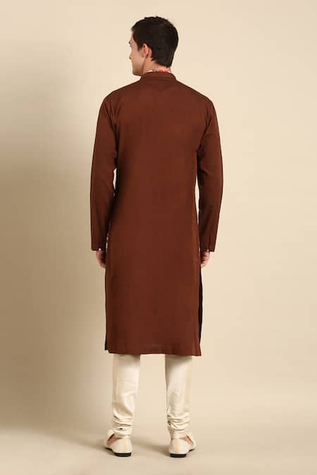 Shop Mayank Modi - Men Brown Cotton, Linen Embroidery Colorblock Printed Kurta Set at Aza Fashions Shop_Mayank Modi - Men_Brown Cotton, Linen Embroidery Colorblock Printed Kurta Set _at_Aza_Fashions