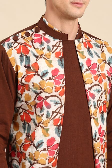 Mayank Modi - Men Brown Cotton, Linen Embroidery Colorblock Printed Kurta Set Online at Aza Fashions Mayank Modi - Men_Brown Cotton, Linen Embroidery Colorblock Printed Kurta Set _Online_at_Aza_Fashions