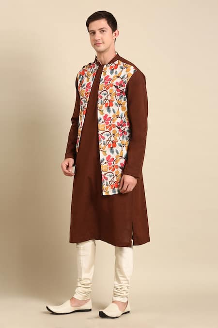 Buy Mayank Modi - Men Brown Cotton, Linen Embroidery Colorblock Printed Kurta Set Online at Aza Fashions Buy_Mayank Modi - Men_Brown Cotton, Linen Embroidery Colorblock Printed Kurta Set _Online_at_Aza_Fashions