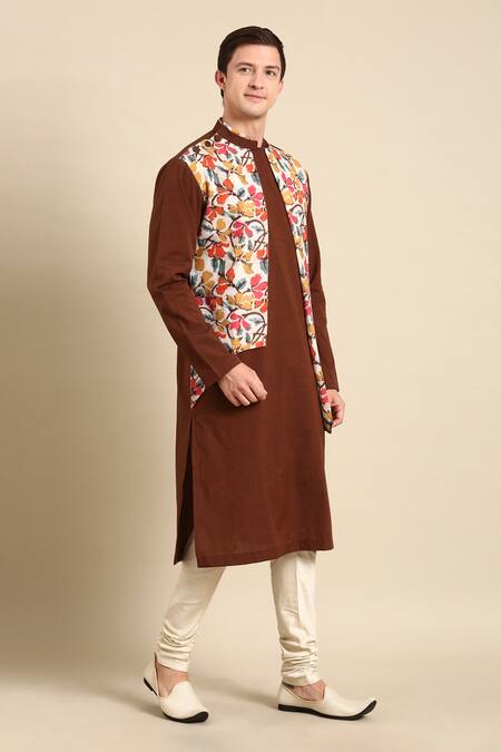 Shop Mayank Modi - Men Brown Cotton, Linen Embroidery Colorblock Printed Kurta Set Online at Aza Fashions Shop_Mayank Modi - Men_Brown Cotton, Linen Embroidery Colorblock Printed Kurta Set _Online_at_Aza_Fashions