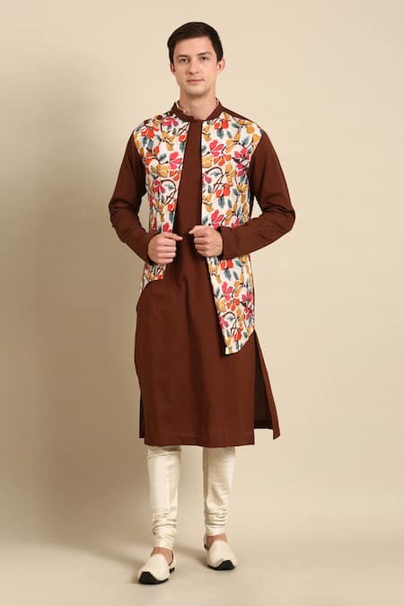 Mayank Modi - Men Brown Cotton, Linen Embroidery Colorblock Printed Kurta Set at Aza Fashions Mayank Modi - Men_Brown Cotton, Linen Embroidery Colorblock Printed Kurta Set _at_Aza_Fashions