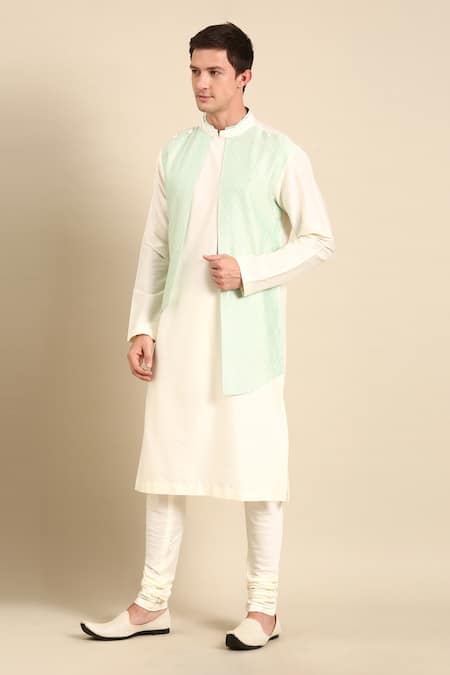Mayank Modi - Men Green Silk Woven Geometric Kurta Set 