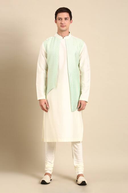 Mayank Modi - Men_Green Silk, Jacquard Geometric Woven Kurta Set_Online_at_Aza_Fashions