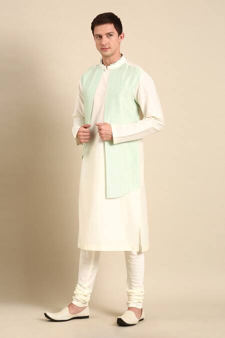 Shop_Mayank Modi - Men_Green Silk, Jacquard Geometric Woven Kurta Set_Online_at_Aza_Fashions