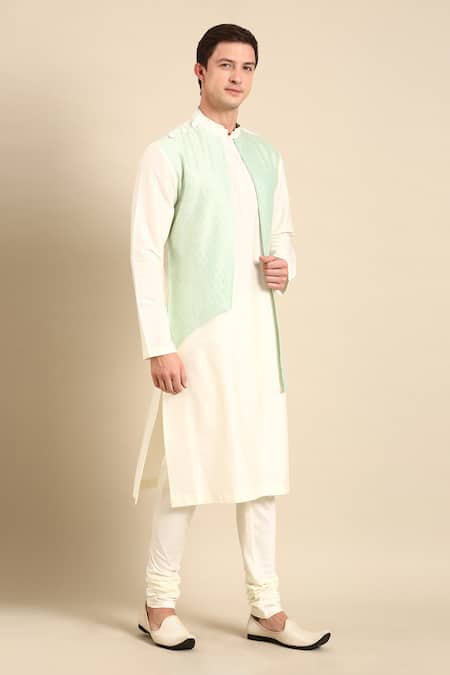 Mayank Modi - Men_Green Silk, Jacquard Geometric Woven Kurta Set_at_Aza_Fashions
