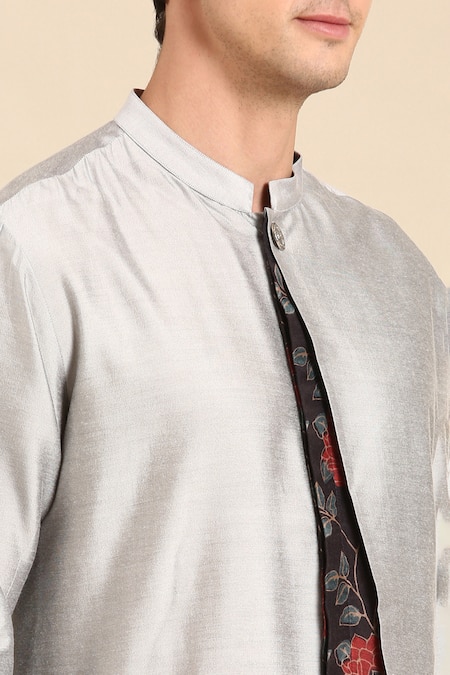 Mayank Modi - Men_Silver Silk, Muslin Embroidery Floral Placement Print Kurta Set _Online_at_Aza_Fashions