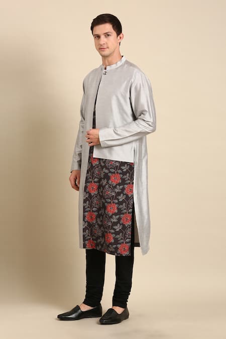 Buy_Mayank Modi - Men_Silver Silk, Muslin Embroidery Floral Placement Print Kurta Set _Online_at_Aza_Fashions