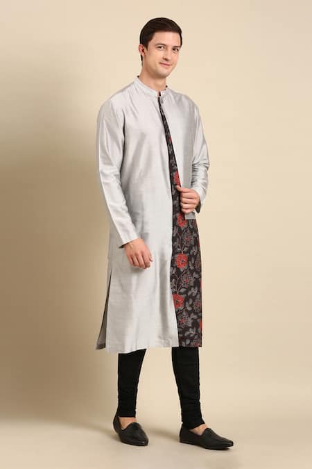 Shop_Mayank Modi - Men_Silver Silk, Muslin Embroidery Floral Placement Print Kurta Set _Online_at_Aza_Fashions