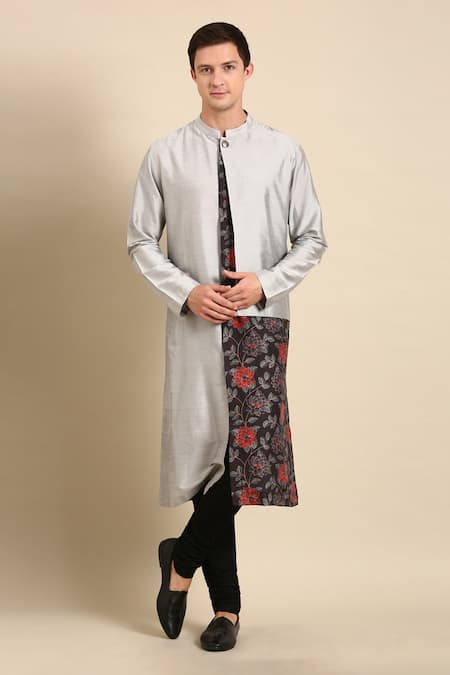 Mayank Modi - Men_Silver Silk, Muslin Embroidery Floral Placement Print Kurta Set _at_Aza_Fashions