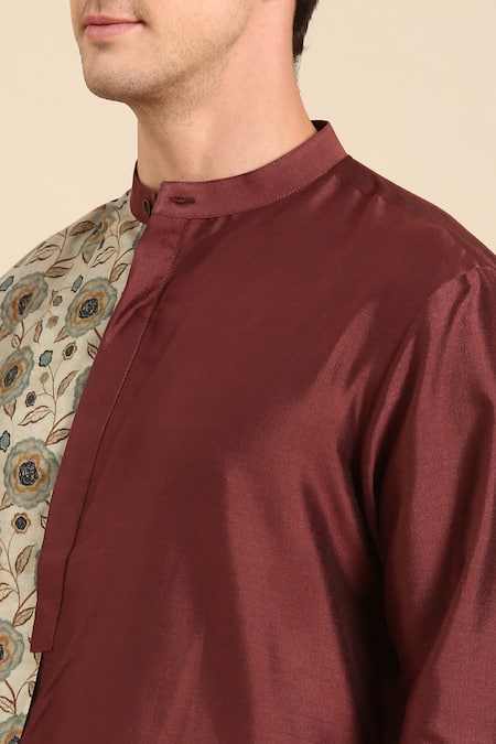 Mayank Modi - Men Blue Silk, Muslin Embroidery Colorblock Floral Print Kurta Set Online at Aza Fashions Mayank Modi - Men_Blue Silk, Muslin Embroidery Colorblock Floral Print Kurta Set _Online_at_Aza_Fashions