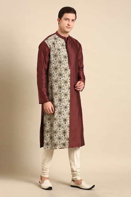 Shop Mayank Modi - Men Blue Silk, Muslin Embroidery Colorblock Floral Print Kurta Set Online at Aza Fashions Shop_Mayank Modi - Men_Blue Silk, Muslin Embroidery Colorblock Floral Print Kurta Set _Online_at_Aza_Fashions