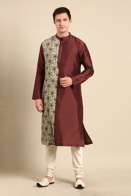 Mayank Modi - Men Blue Silk, Muslin Embroidery Colorblock Floral Print Kurta Set at Aza Fashions Mayank Modi - Men_Blue Silk, Muslin Embroidery Colorblock Floral Print Kurta Set _at_Aza_Fashions