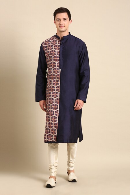 Mayank Modi - Men Brown Silk Printed Geometric Colorblock Kurta Set 