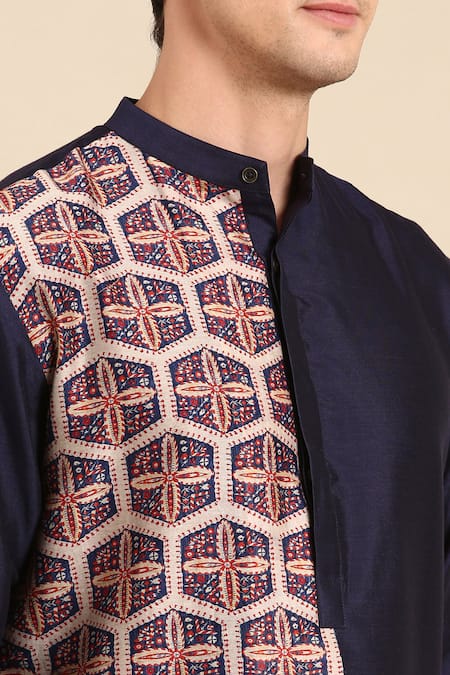 Mayank Modi - Men_Brown Silk, Chanderi Colorblock Geometric Print Kurta Set _Online_at_Aza_Fashions