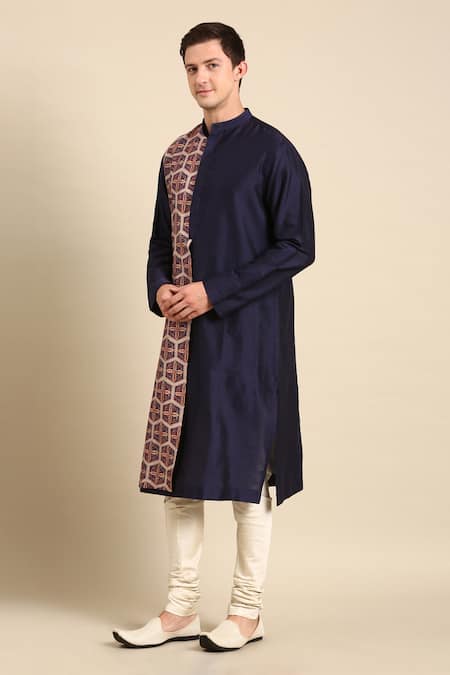 Buy_Mayank Modi - Men_Brown Silk, Chanderi Colorblock Geometric Print Kurta Set _Online_at_Aza_Fashions