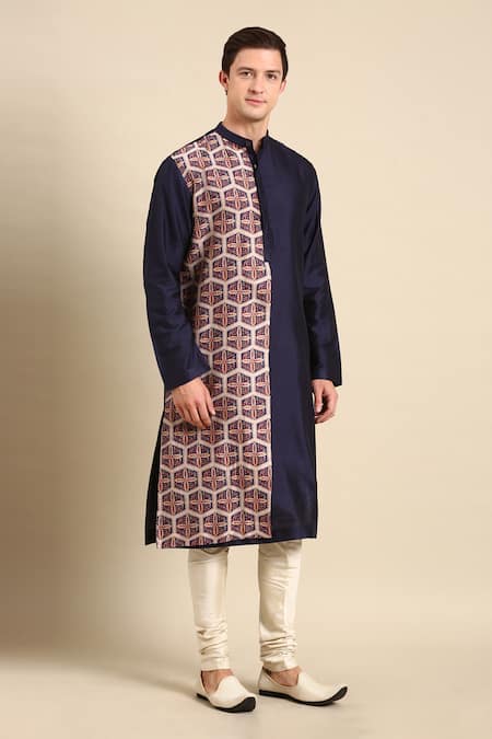 Shop_Mayank Modi - Men_Brown Silk, Chanderi Colorblock Geometric Print Kurta Set _Online_at_Aza_Fashions