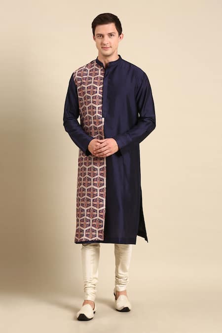 Mayank Modi - Men_Brown Silk, Chanderi Colorblock Geometric Print Kurta Set _at_Aza_Fashions