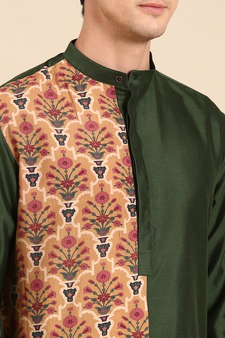 Mayank Modi - Men Green Silk, Muslin Embroidery Colorblock Flower Print Kurta Set Online at Aza Fashions Mayank Modi - Men_Green Silk, Muslin Embroidery Colorblock Flower Print Kurta Set _Online_at_Aza_Fashions